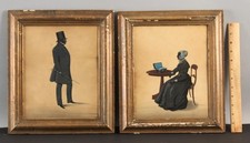 Antique Folk Art Silhouette Paintings Woman Sewing Box Chatelaine & Man Top Hat