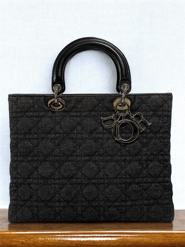 Dior Lady Dior Large Handbag Black Denim Silver Hardware
