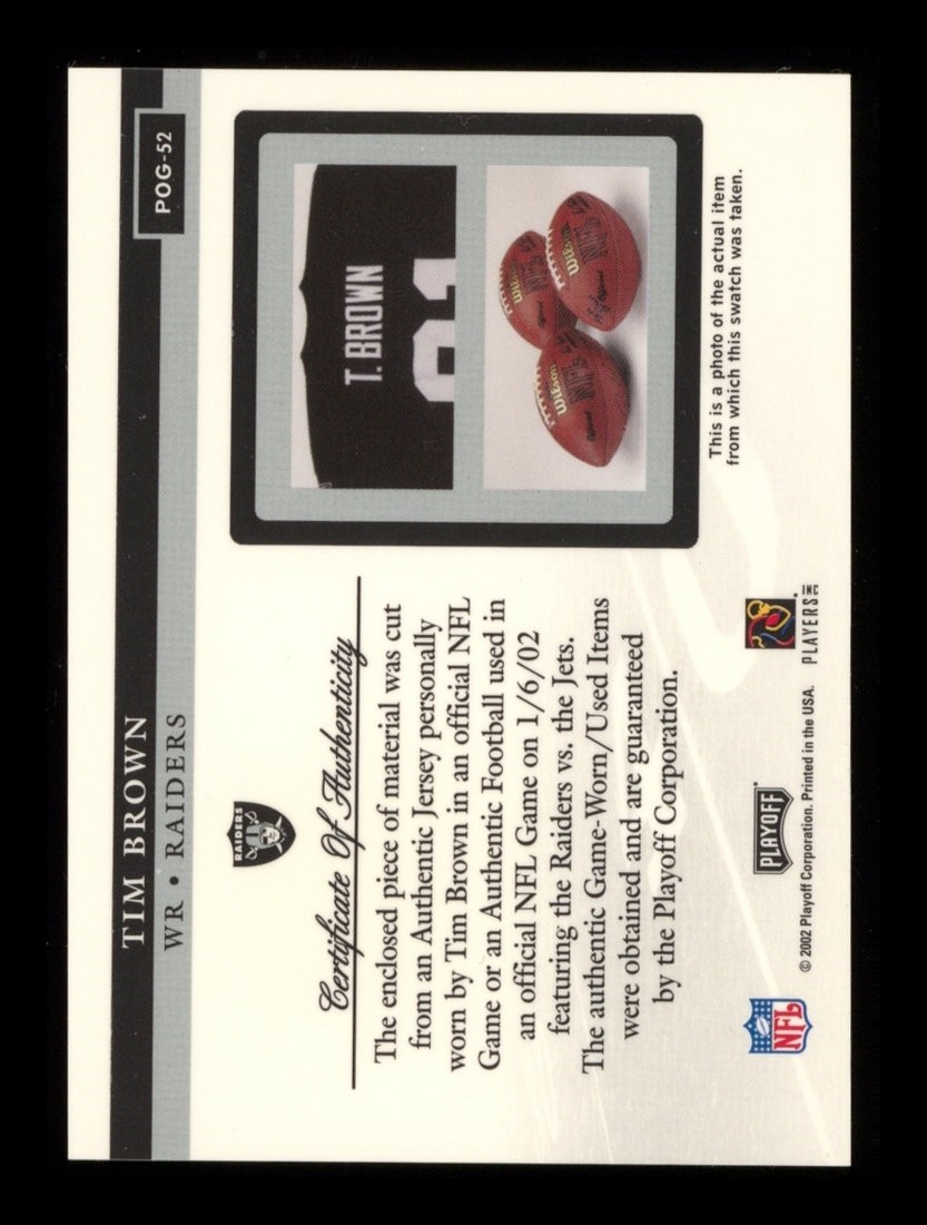 2002 Playoff Piece Of The Game: #POOG-52 Tim Brown Game Used Relic NR-MINT view 2