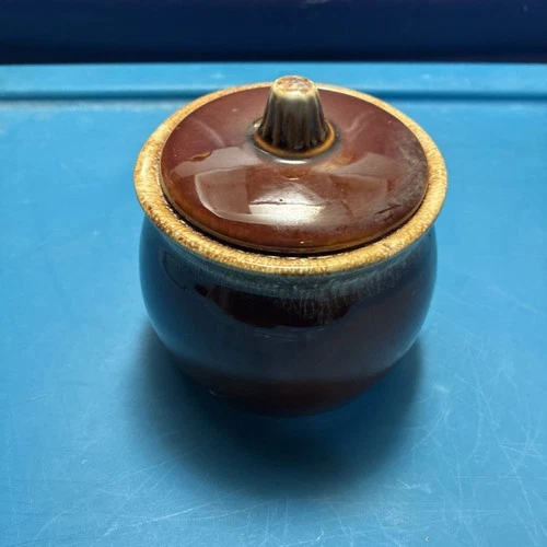 Vintage Hull 2-Tone Brown Drip Glaze 4 x 4 Sugar Bowl W/ Lid Oven Proof USA