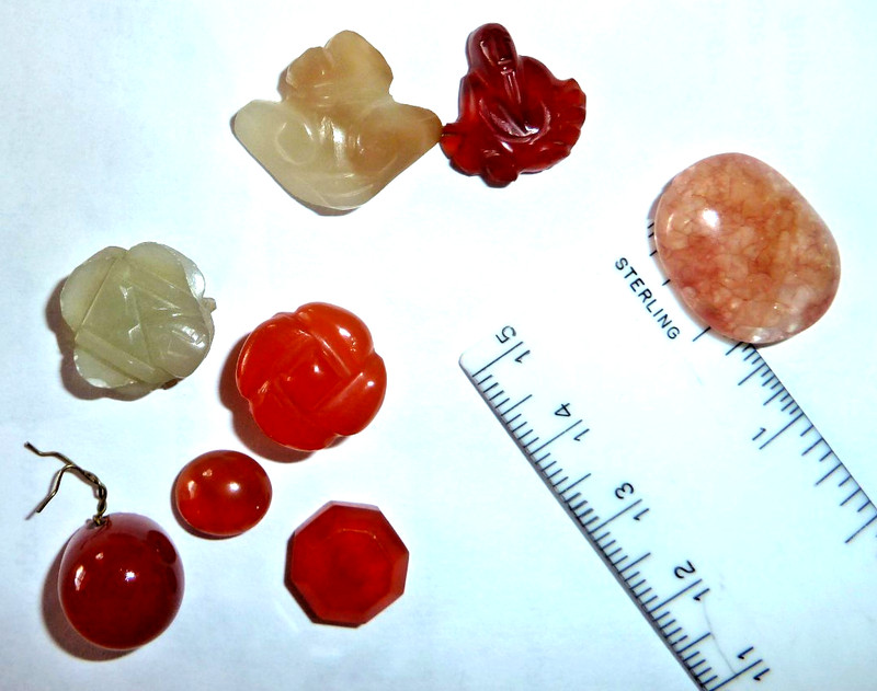 8 pcs OLD JADE trim/buttons Tiny Red + circular shanks holes on back Jewelry?