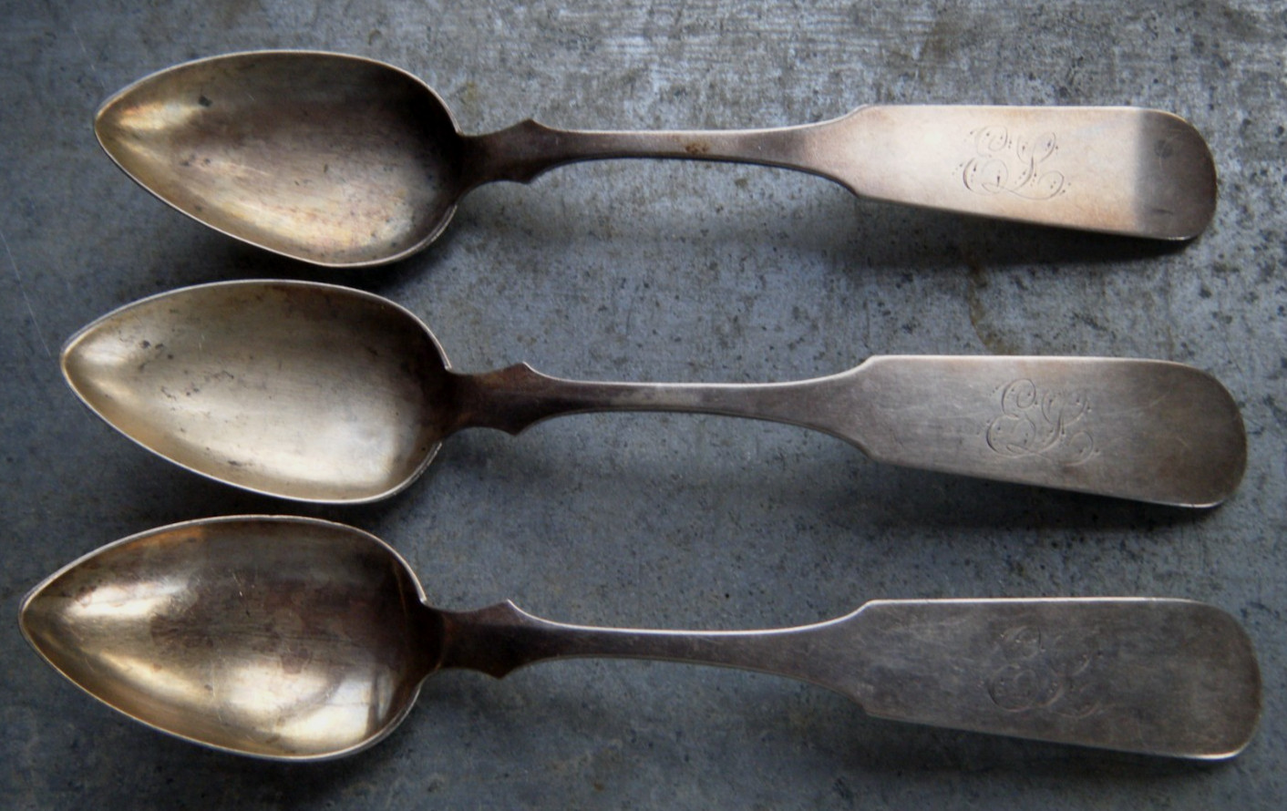 3 Antique J. Draper Coin Silver? Spoons, 9 inches, 4.52 oz,Cincinnati, Ohio 1832