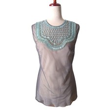 PRADA Embellished Sheer Sleeveless Top Blue Beaded Neckline Womens