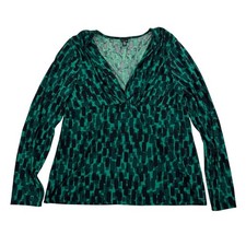 Rafaella Green Geometric Blouse Long Sleeve V-Neck Drape Sz XL Poly Stretch