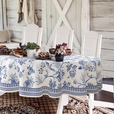 Blue Floral Oval Tablecloth 60x84 Inch Blue and White French Country Tableclo...