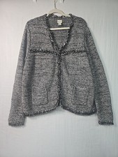 Chico's Knit One Button Blazer Jacket Career sz 3 XL Black White Metallic Fringe