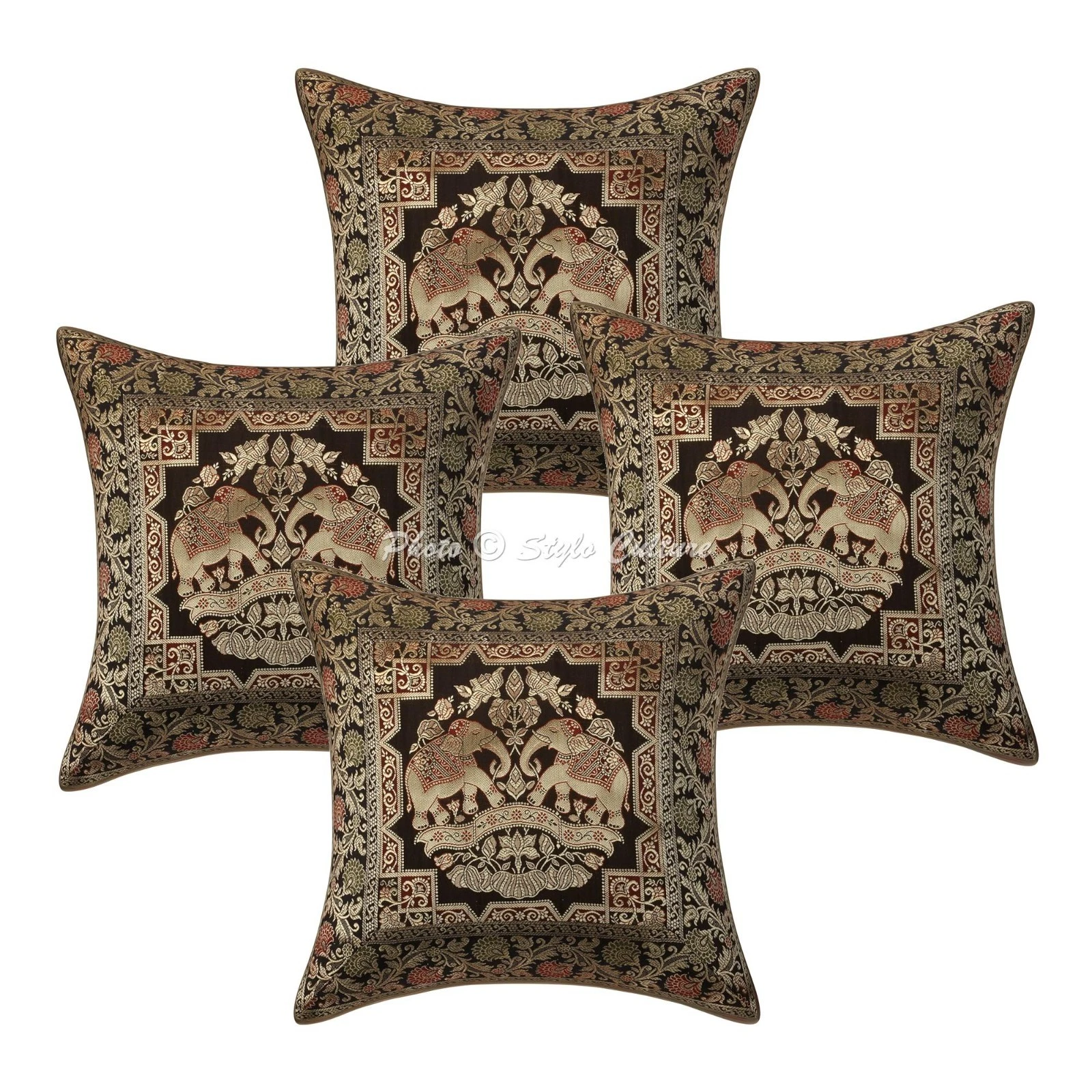 Ethnic Throw Pillow Covers 16x16 Brocade Black Elephant Home Decor Cushion Cover