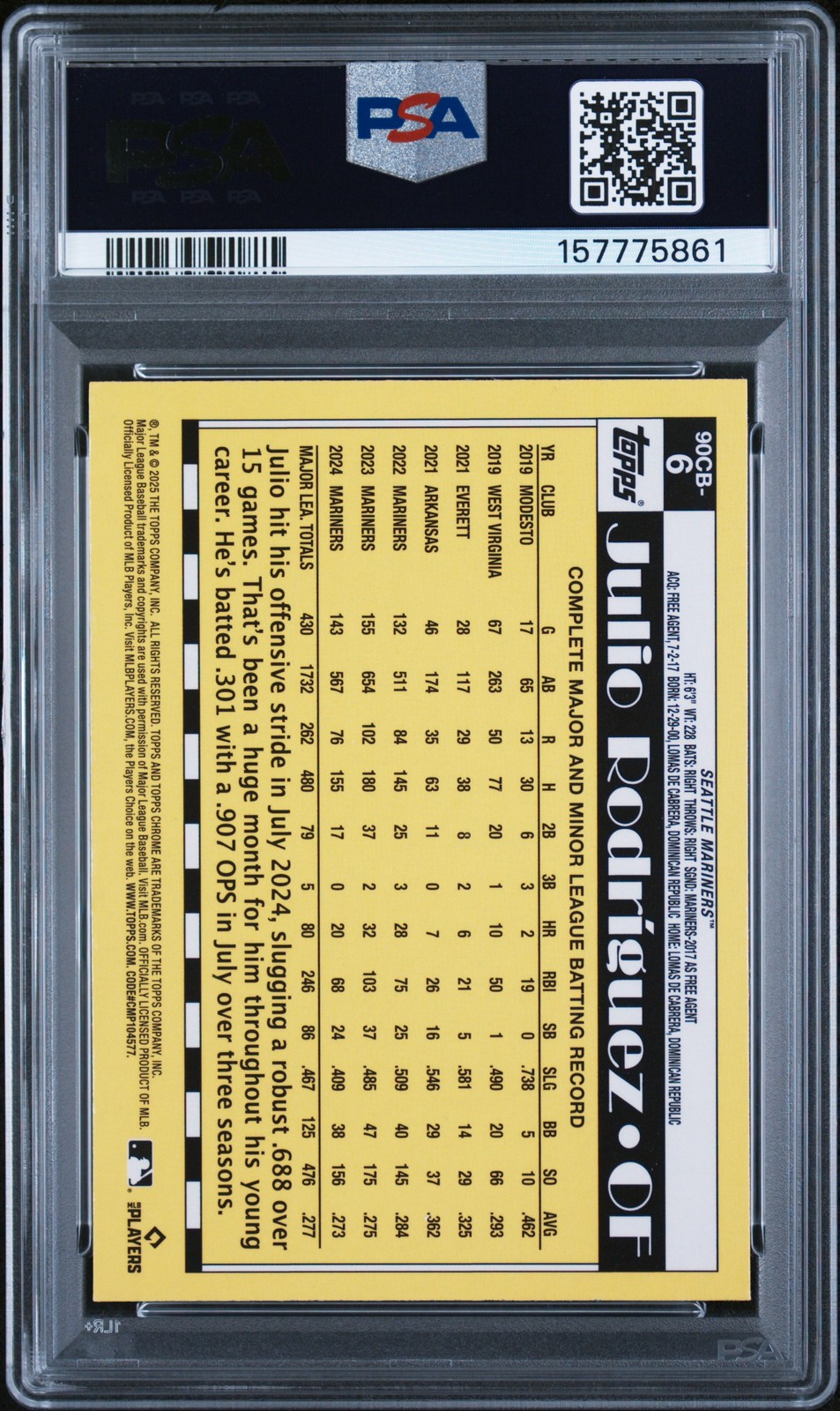 2025 TOPPS CHROME 1990 TOPPS #90CB6 JULIO RODRIGUEZ PSA 9 view 2