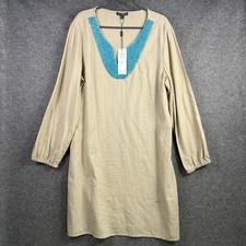 FOR CYNTHIA Women's XL Linen Blend Beaded V-Neck Tunic Shift Dress Tan Turquoise
