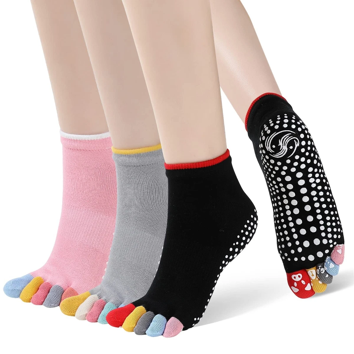 3 pares de calcetines de yoga, calcetines antideslizantes de punta completa (mujer 6-8, multicolor)