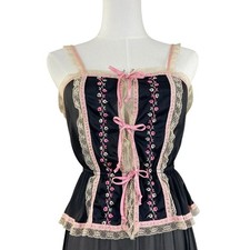 Vintage 70s Gossard Artemis Black  Pink Lacy Embroidered Maxi Nightgown size S