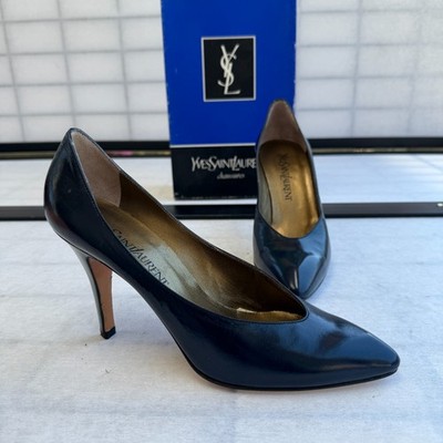 YVES SAINT LAURENT YSL Pump Heel 7N Dress Shoes Vintage Navy Blue Stiletto  90s