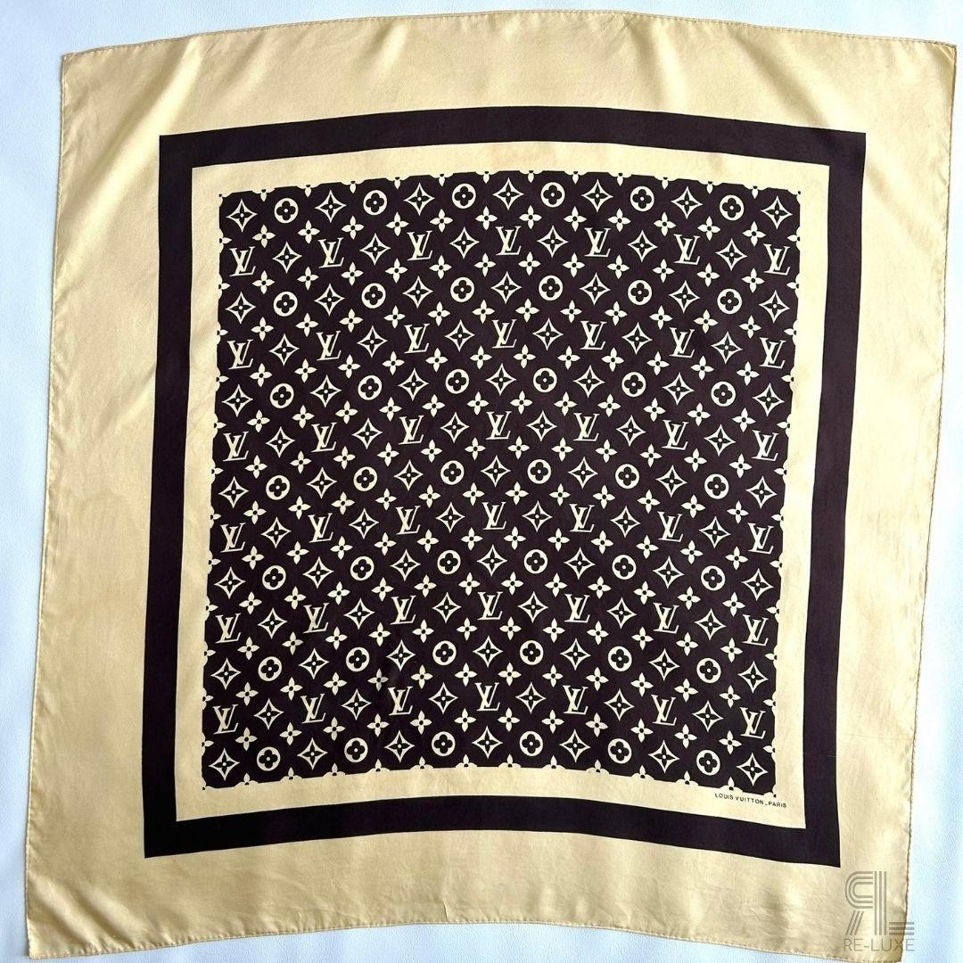 Louis Vuitton Vintage Silk Scarf Brown Beige Monogram 34.6x34.6 Inches