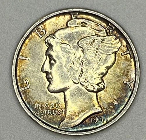 1941 Mercury Dime 90% Silver Philadelphia AU UNC Toned Toning