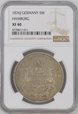 1876J GERMANY 5M HAMBURG NGC CERTIFIED COIN XF 40