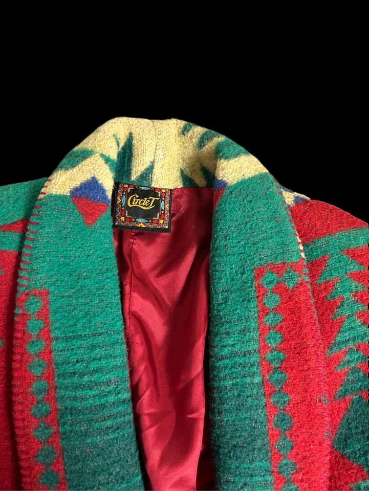 Vintage Circle T Jacket Women's Medium Green Red Concho Cropped Blanket USA 80s - Image 3 of 4