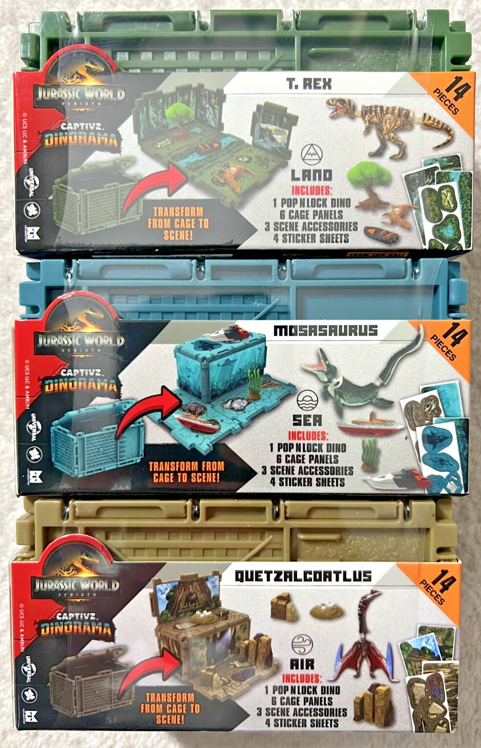 JURASSIC WORLD REBIRTH CAPTIVZ DINORAMA T REX &sol; QUETZALCORTLUS &sol; MOSASAURUS NEW
