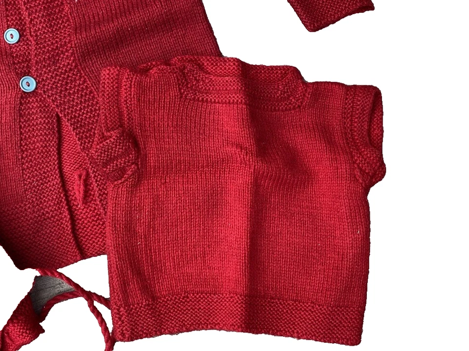 Conjunto de suéter de lana roja para niños tejido a mano de colección años 50 con blusa y sombrero talla 3-4 Foto 3 de 4