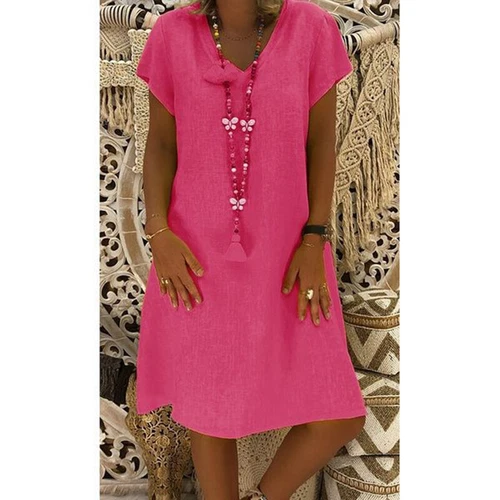 Women Short Sleeve Cotton Linen Midi Dress Ladies Solid V Neck Loose Sundress US - Bild 19 von 40