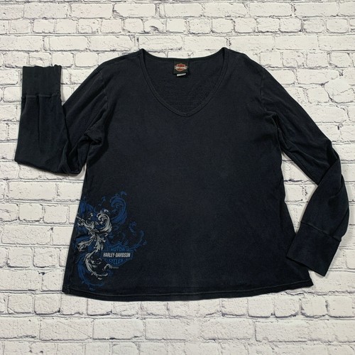 Harley-Davidson Long Sleeve Graphic T-Shirt Women’s 3XL Black V-neck Y2K Biker - Picture 2 of 8