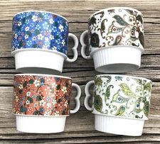 Vintage Japan stackable cup mug set  MulticoloredFloral with Heart Shaped Handle