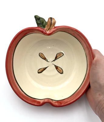 Handmade Studio Pottery Sliced Red Apple Decorative Bowl, Artist Signed