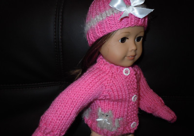 Hand Knit American Made Pink Sweater Tan Fuzzy Kitty Cat fits 18'' Girl Doll
