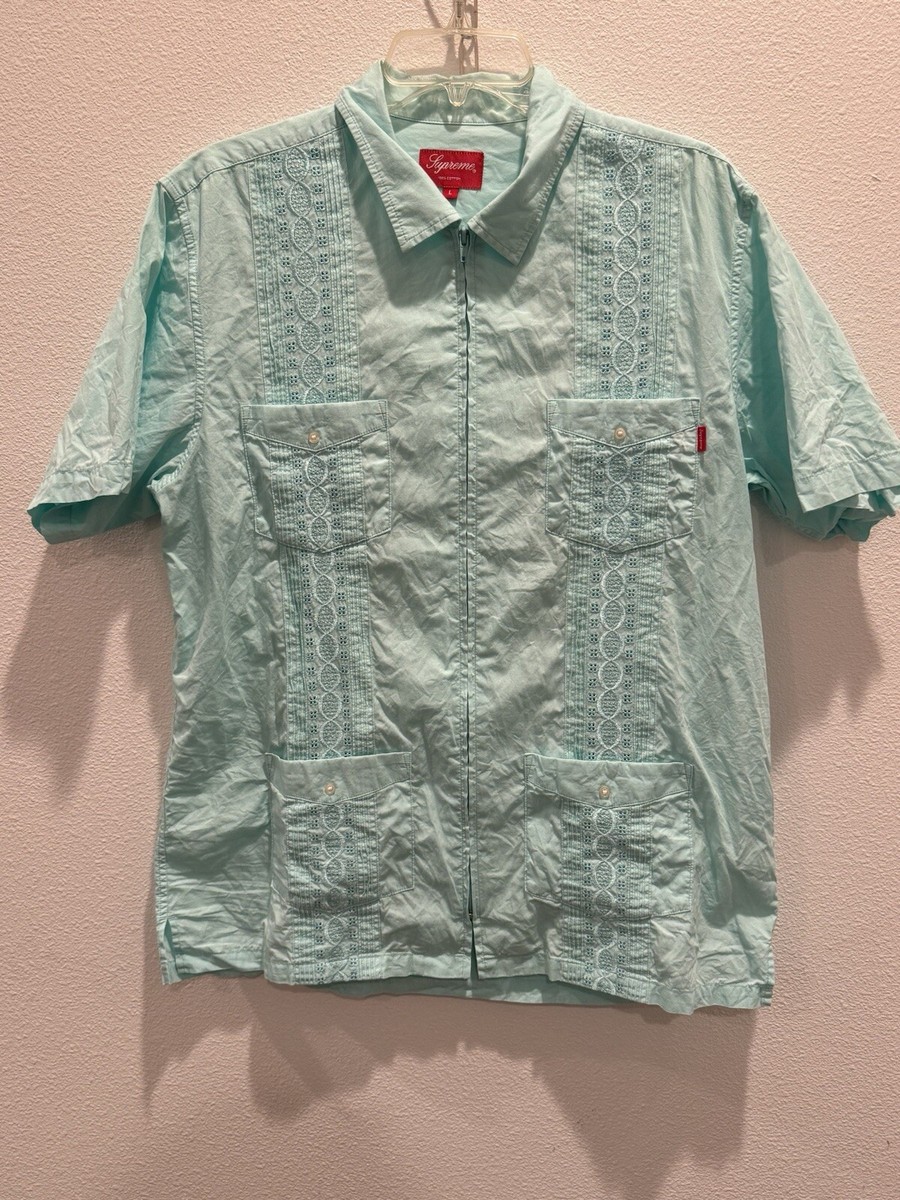SUPREME GUAYABERA SHIRT L ZIP FRONT SS15 teal cdg box logo linen 