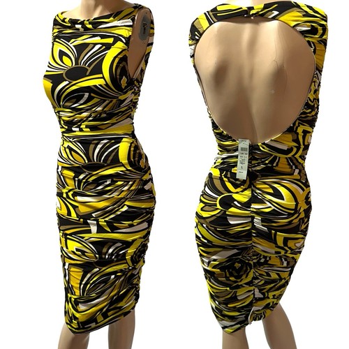 Cache Dress Size 10 Ruched Sheath Bodycon Open Back Drape Neck Print Y2K NWT - 第 1/12 張圖片