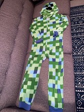Minecraft Boys Creeper Union Suit Large Pajamas Green Zip Up Hooded Long Sleeve
