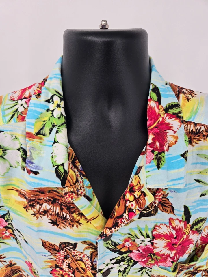 Camisa Hawaiana George Adulto 2XL Azul Amarillo Isla Campamento Ligera Playa Hombres Foto 4 de 4