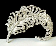 Feather Quill Textured Pin/Brooch w/Sparkly Clear Crystals a Stunner!