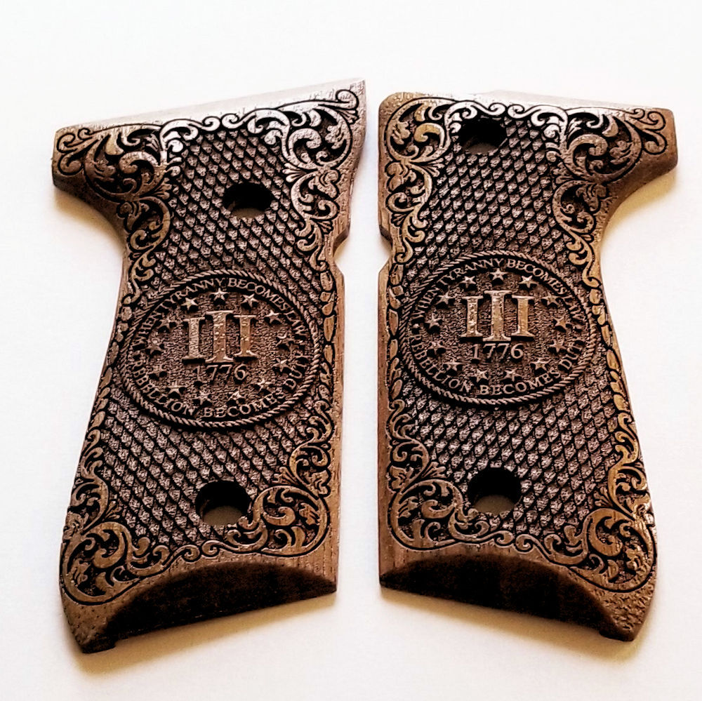 Beretta 92 92FS 96 custom 3d engraved walnut wood grips Scroll