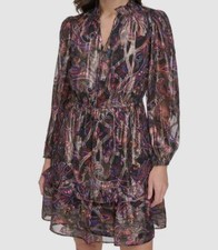 Vince Camuto Womens' Black Printed Chiffon Metallic Fit & Flare Dress Size 14