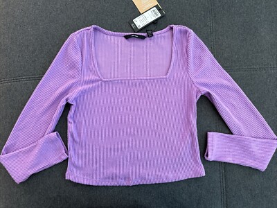 Vero Moda Shirt S Langarm Eng Kastiger Ausschnitt Rippen Optik Lila