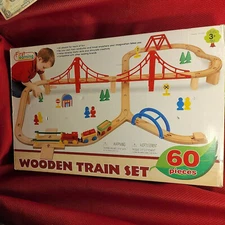 WOODEN TRAIN PLAYSET + Tracks People Trees Signs Bridges 60 PIECE New 1st LEARN