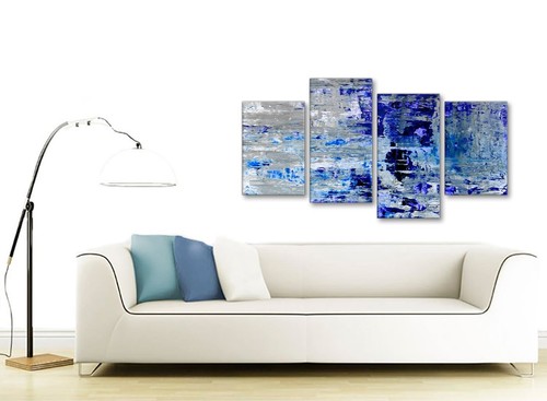 Large Indigo Blue Grey Abstract Painting Art Canvas - 4 Part - 130cm Wide - 4358 - Picture 2 of 5