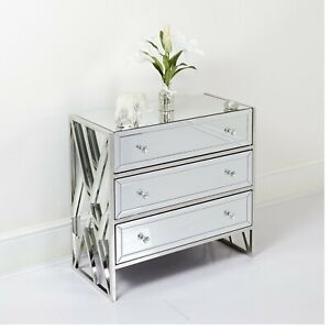 Small Mirrored Chest Of 3 Drawers Crystal Luxury Mirror Glass Unit