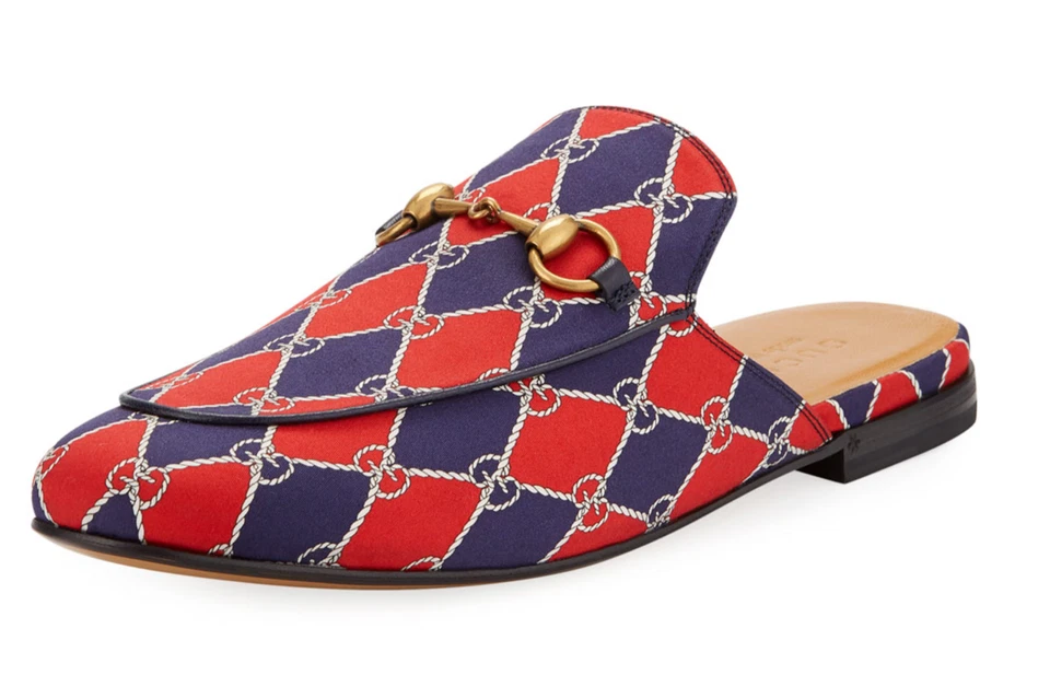 Mocassim Gucci Masculino Kings Horsebit Azul Vermelho Losango Slide Sem Costas Liso G 8 9