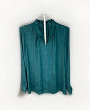 Simply Vera Vera Wang Blouse Womens M Green Textured Ruffle Neck Roll Tab Top