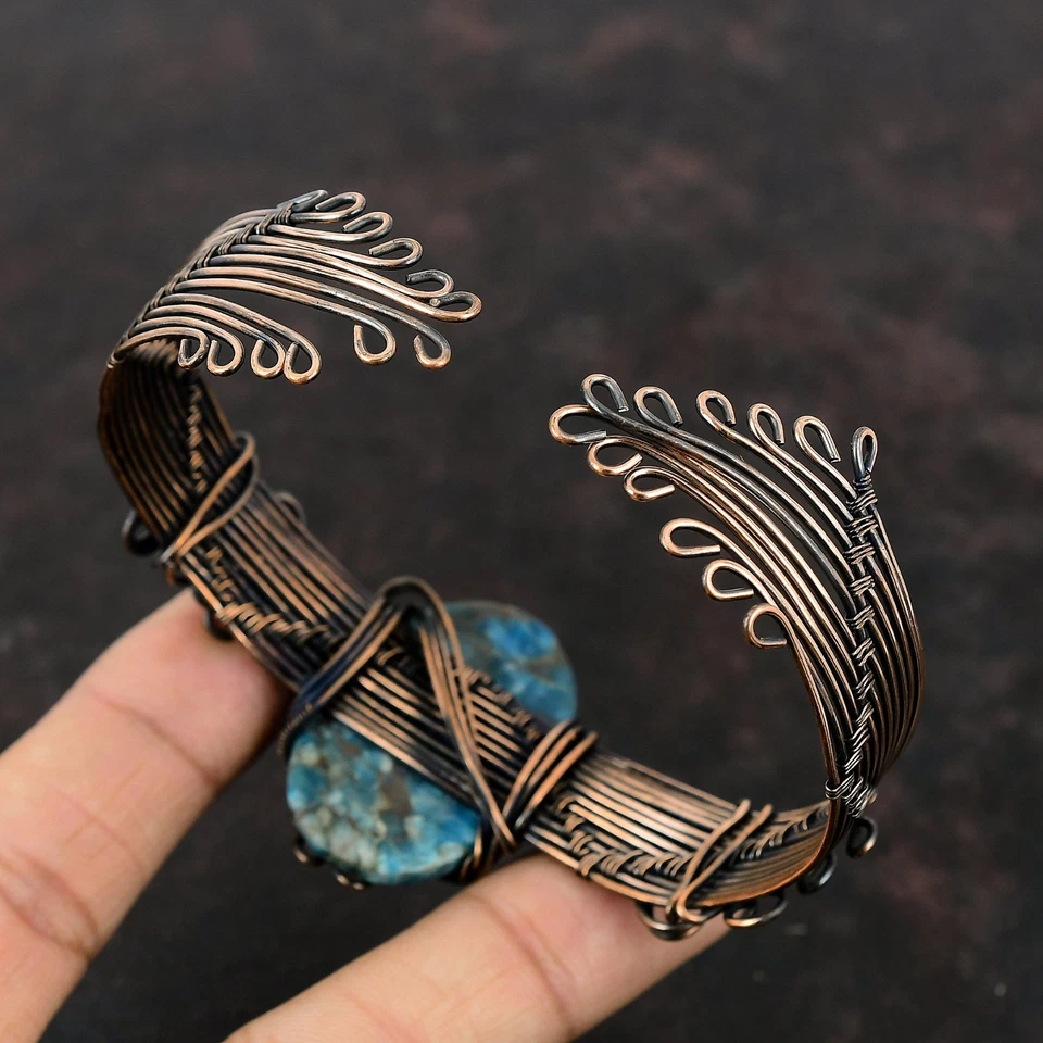 Oferta del Día de las Hijas Cobre Natural Neón Apatita Envuelto Alambre Esposa Brazalete Foto 4 de 4