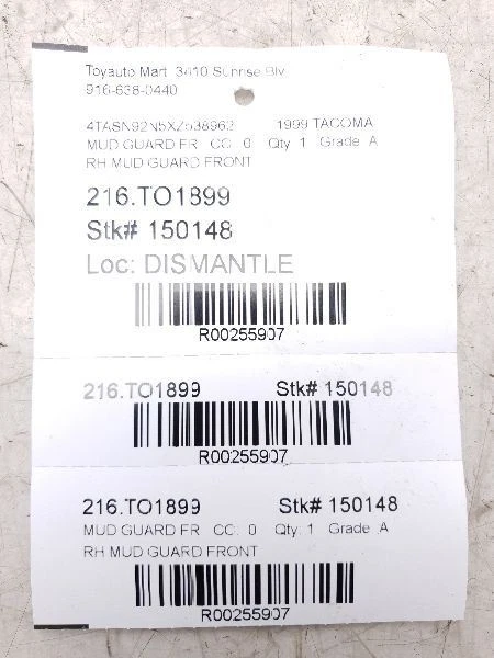 1999 TOYOTA TACOMA SR5 EXTENDED CAB PASSENGER SIDE FRONT MUD GUARD - Image 4 of 4