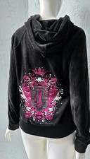 Juicy Couture Bkack Pleat Neck Velour Full Zip Bling Hoodie Women's Medium