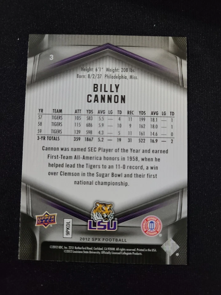 Billy Cannon 2012 SPx #3 - On Card Autograph- In Person At Tri-Star - LSU Tigers - Image 2 of 2