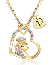 Unicorn Gifts for Girls, Colorful CZ Heart Unicorn Necklaces Initial Necklace Bi