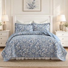 100 Cotton Blue Floral King Quilt Set Luxury Damask 106x98 3 Pcs