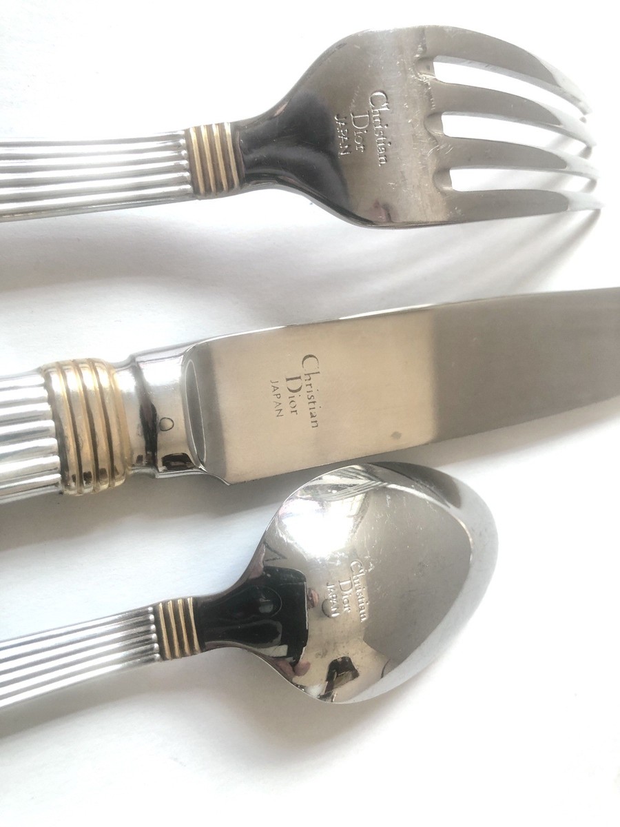 Christian Dior dinner fork knife spoon gold color trim Guadron