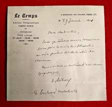 BX84-LETTRE AUTOGRAPHE SIGNÉE ADRIEN HÉBRARD À RENÉ BASCHET–[CLÉMENCEAU]–1911