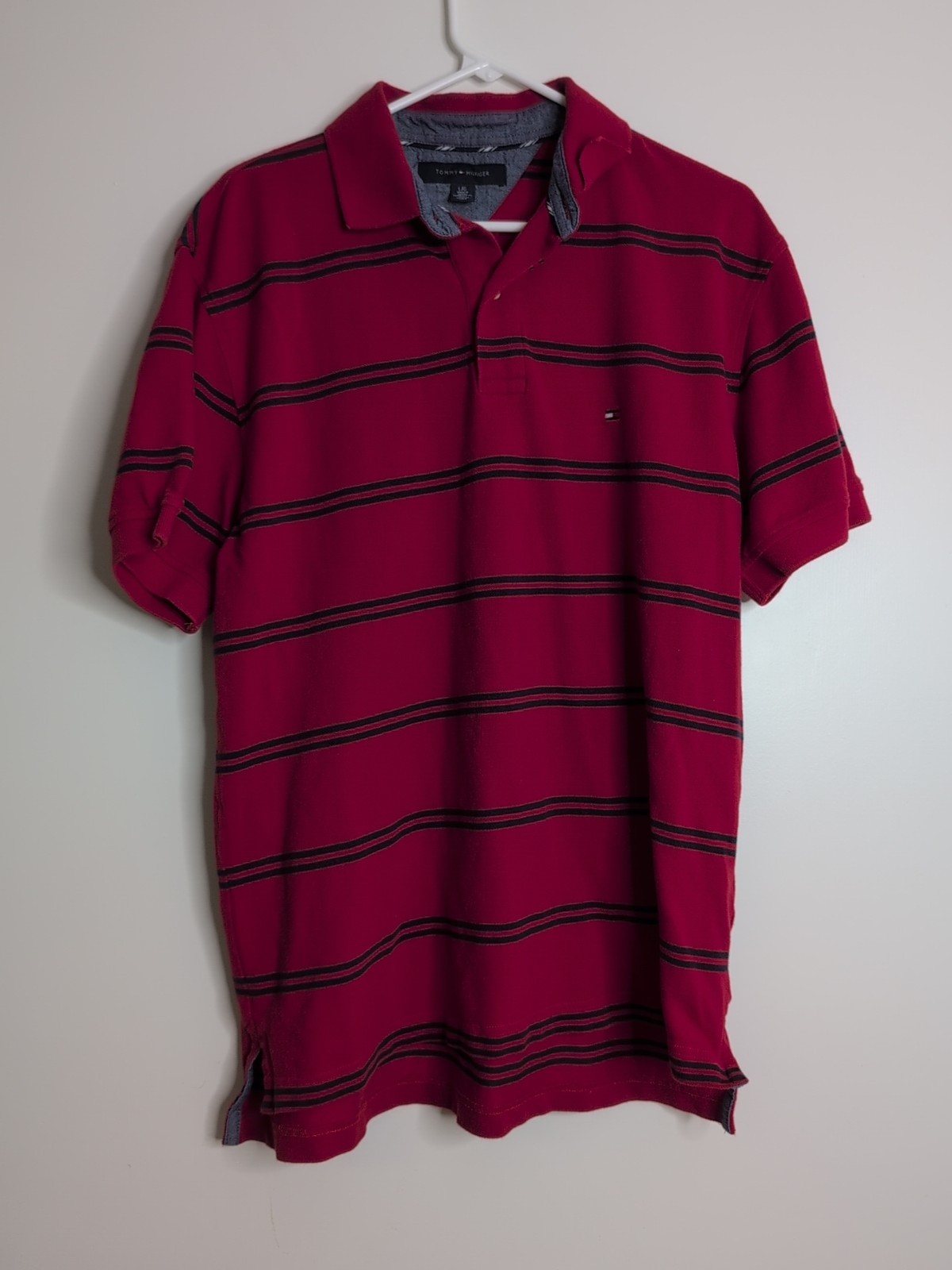 Vintage Tommy Hilfiger Polo Shirt Mens Large Red Striped Short Sleeve Adult