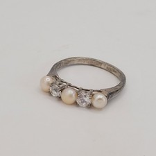 Vintage Avon 925 Sterling Silver Alternating Pearl CZ Five-Stone Ring Size 6.75